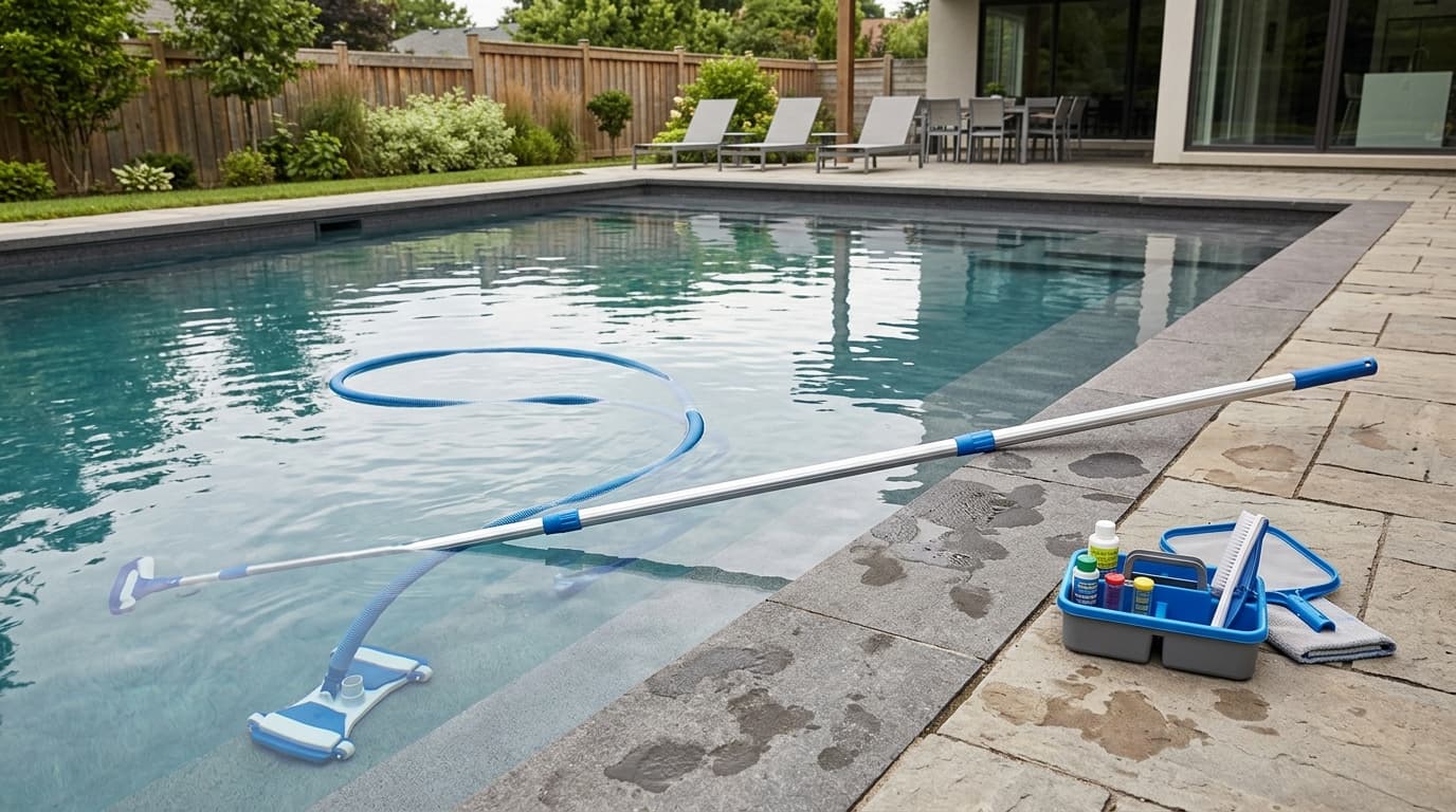 Professional pool cleaner servicing pool tile and filtration edge