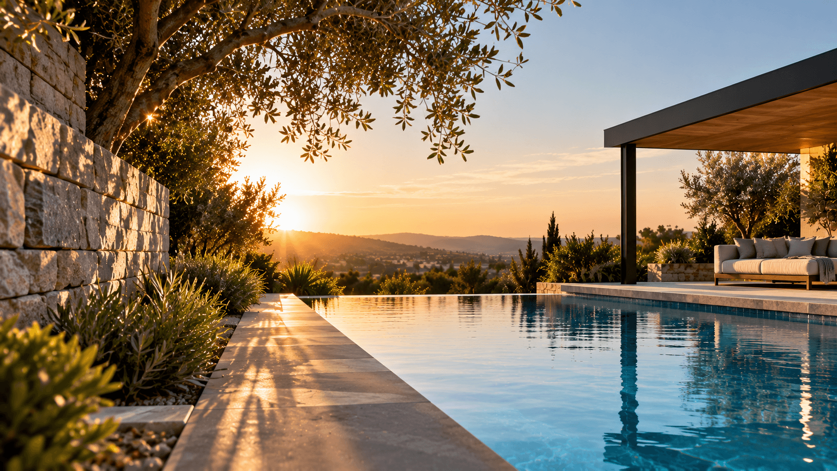 Infinity pool and terrace at sunset