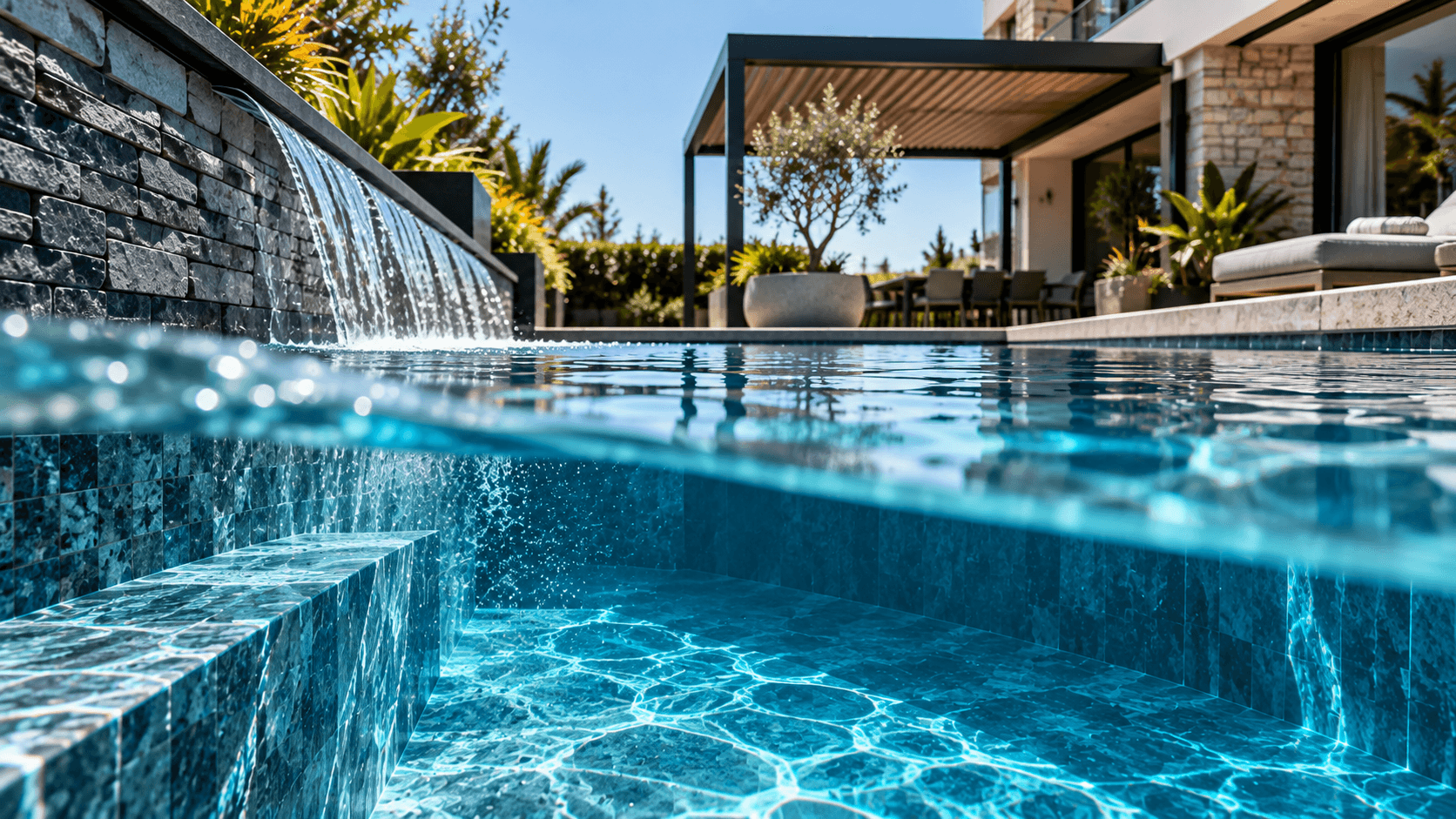 Swimming pool with waterfall feature