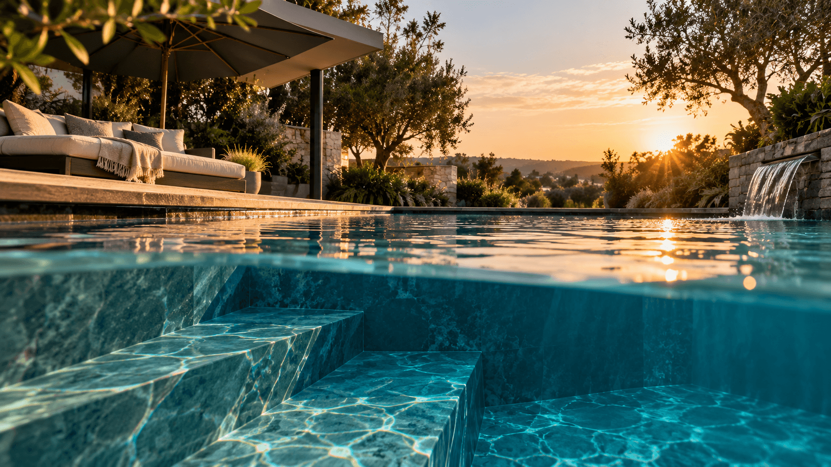 Sunset over a swimming pool with underwater steps